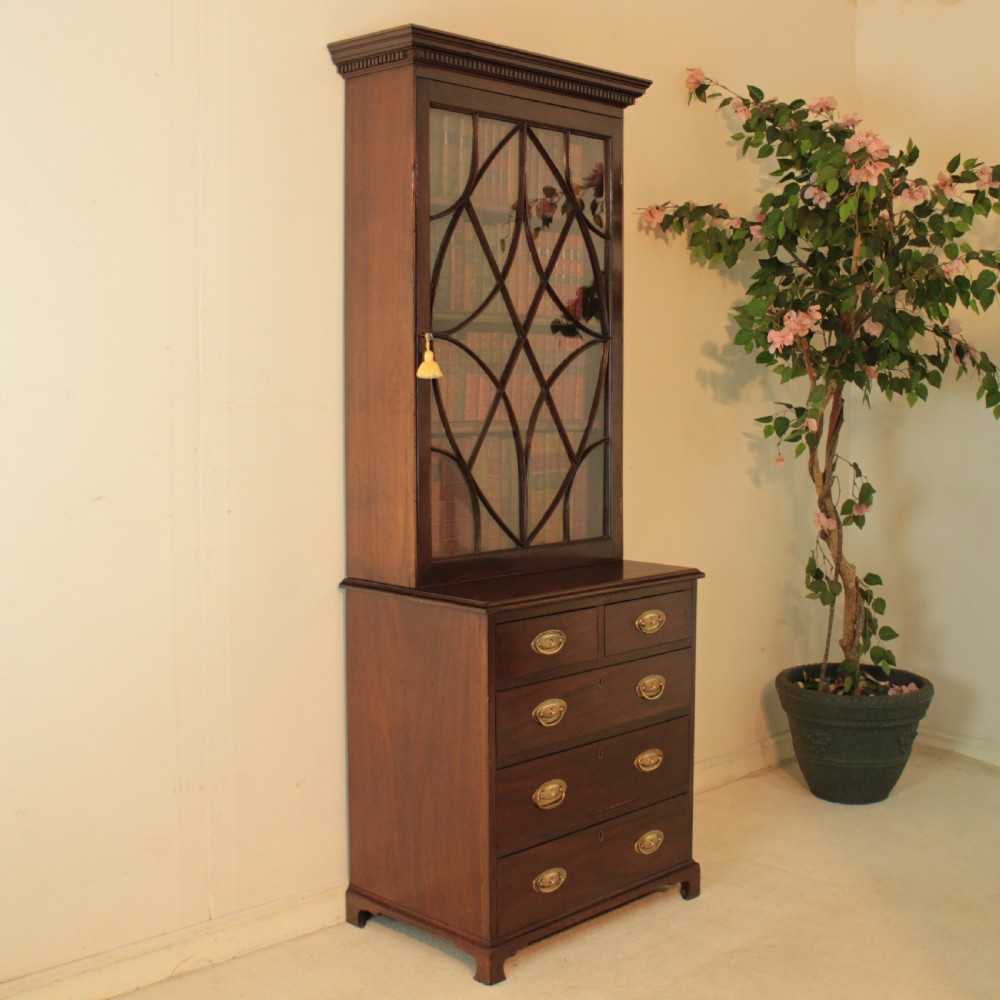 19th Century Narrow Mahogany Astragal Glazed Bookcase on Chest View XVI