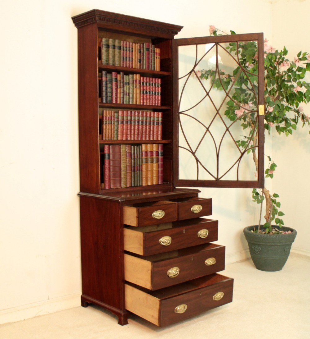 19th Century Narrow Mahogany Astragal Glazed Bookcase on Chest View XVII