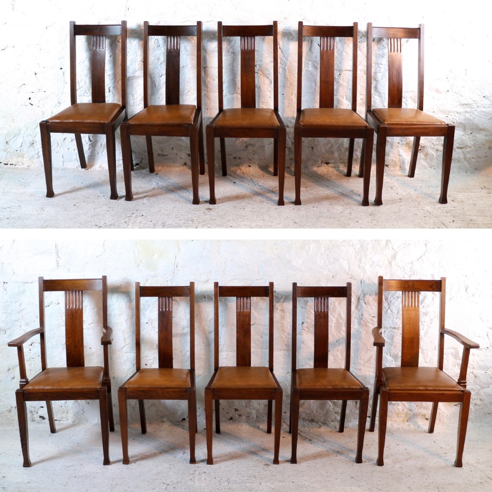 Set 10 Arts & Crafts Oak Dining Chairs with Leather Seats, c.1900 View II