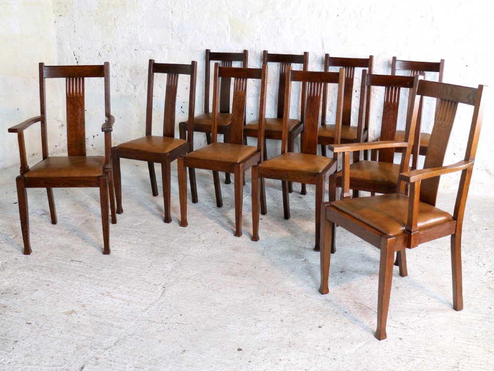 Set 10 Arts & Crafts Oak Dining Chairs with Leather Seats, c.1900 View IV
