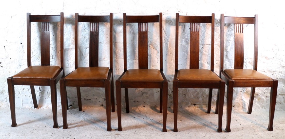 Set 10 Arts & Crafts Oak Dining Chairs with Leather Seats, c.1900 View V