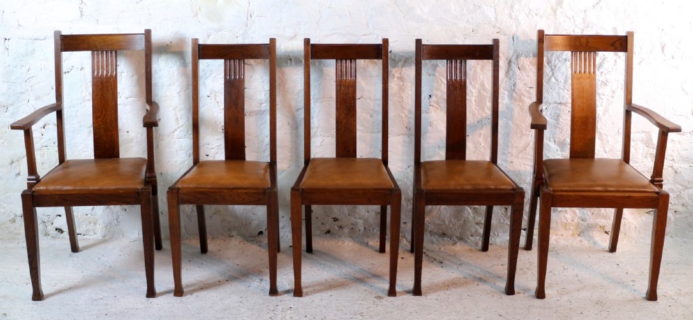 Set 10 Arts & Crafts Oak Dining Chairs with Leather Seats, c.1900 View VI