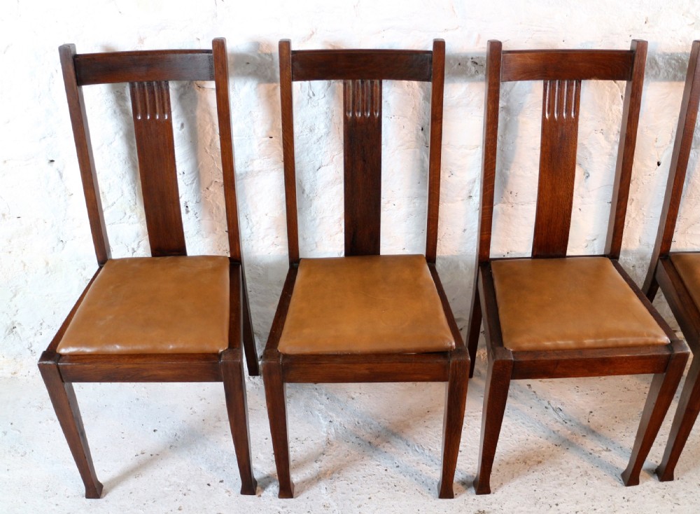 Set 10 Arts & Crafts Oak Dining Chairs with Leather Seats, c.1900 View VII