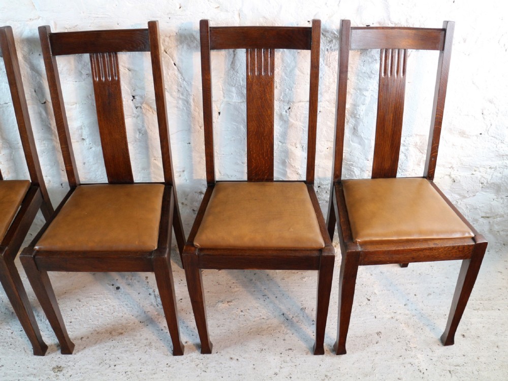 Set 10 Arts & Crafts Oak Dining Chairs with Leather Seats, c.1900 View VIII