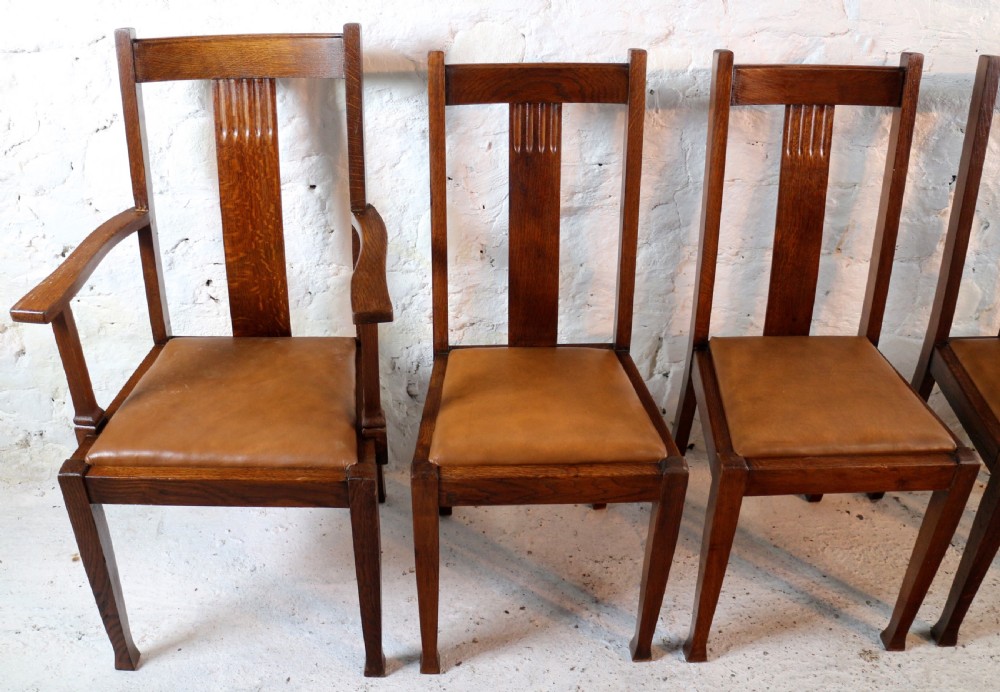 Set 10 Arts & Crafts Oak Dining Chairs with Leather Seats, c.1900 View IX