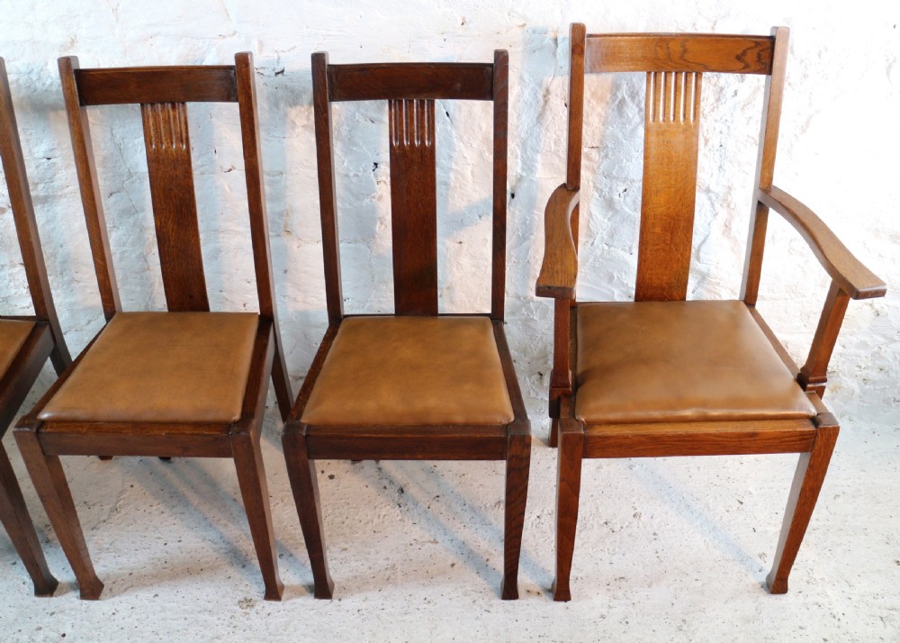 Set 10 Arts & Crafts Oak Dining Chairs with Leather Seats, c.1900 View X