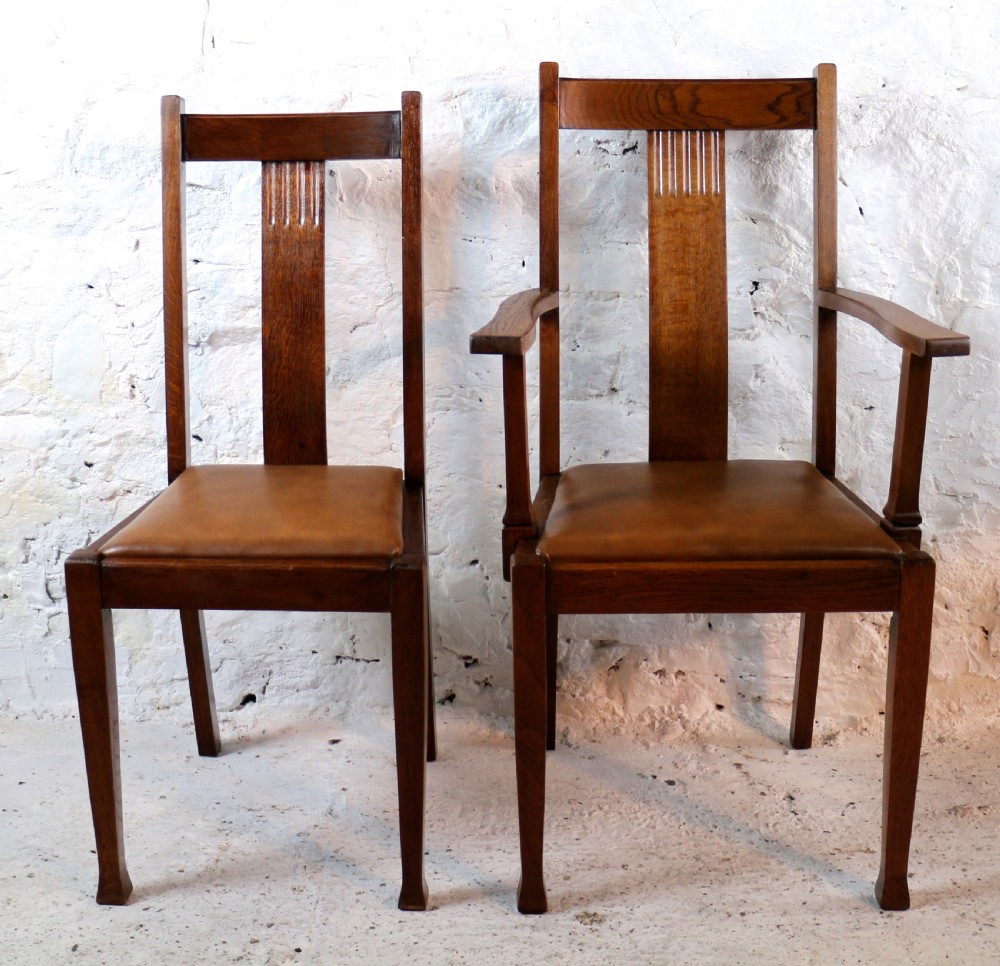 Set 10 Arts & Crafts Oak Dining Chairs with Leather Seats, c.1900 View XI
