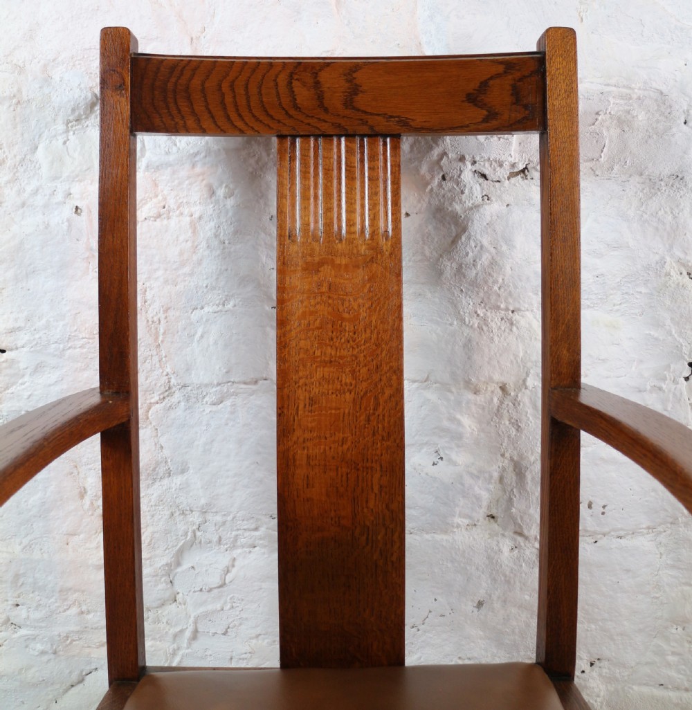 Set 10 Arts & Crafts Oak Dining Chairs with Leather Seats, c.1900 View XVI