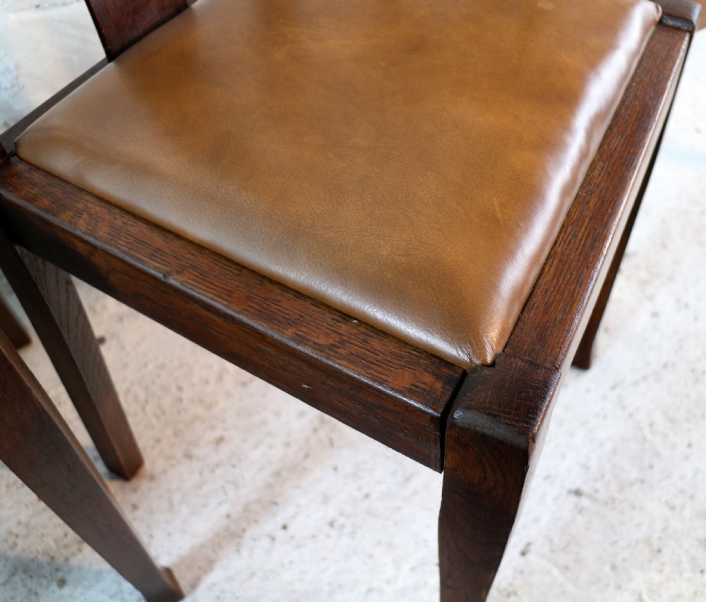 Set 10 Arts & Crafts Oak Dining Chairs with Leather Seats, c.1900 View XXVIII