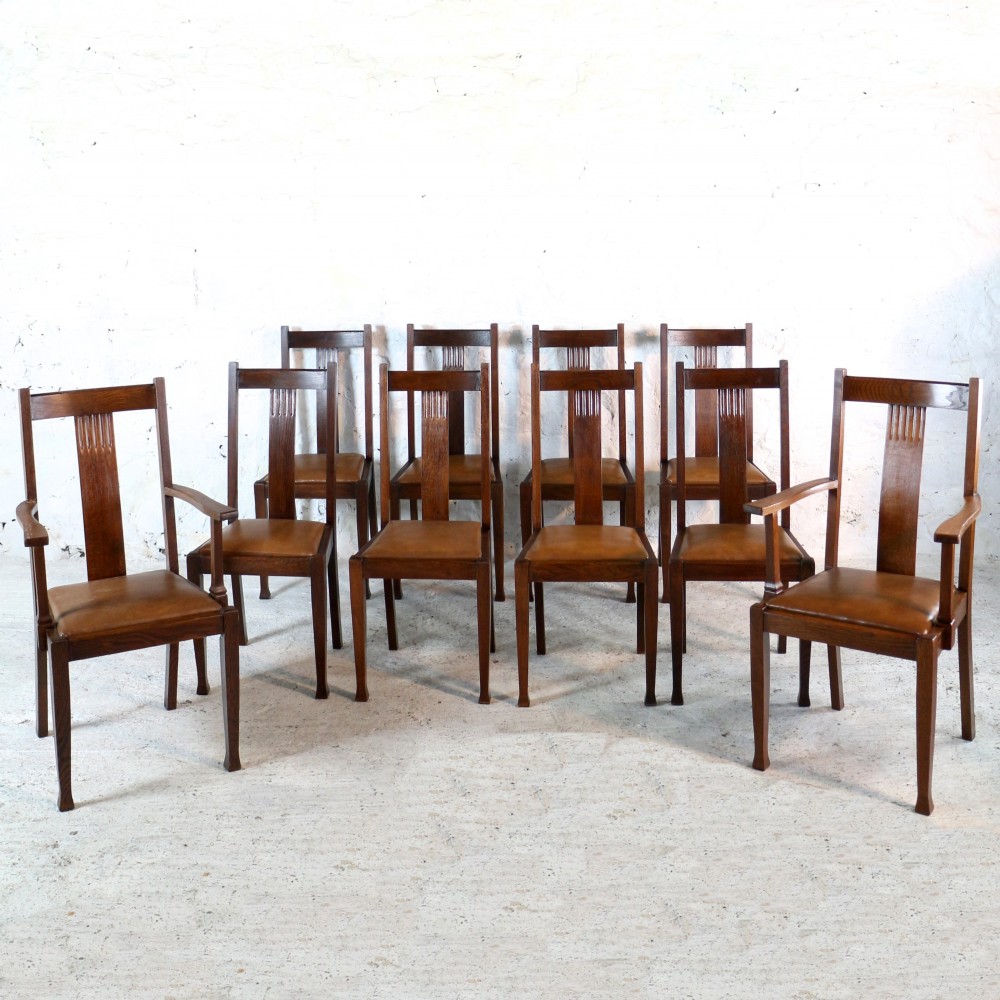 Set 10 Arts & Crafts Oak Dining Chairs with Leather Seats, c.1900