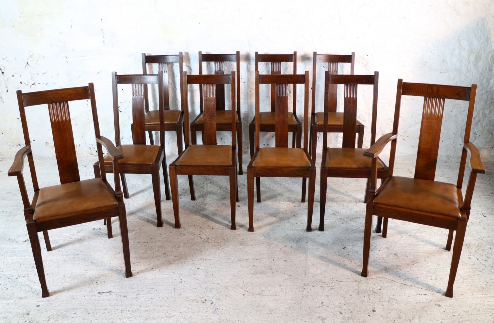 Set 10 Arts & Crafts Oak Dining Chairs with Leather Seats, c.1900 View III