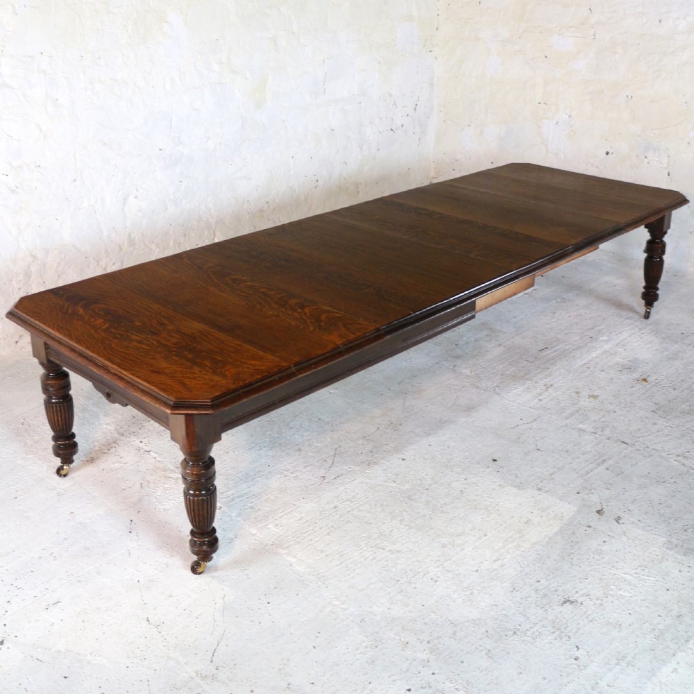 Arts & Crafts Extending Oak Dining Table & 4 Leaves - 12ft, seats 14-16