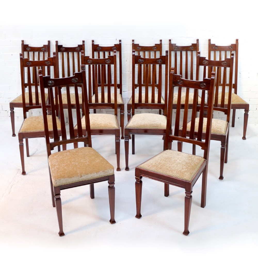 Set of Twelve Arts & Crafts Walnut Dining Chairs, Attributed to Shapland & Petter (12)
