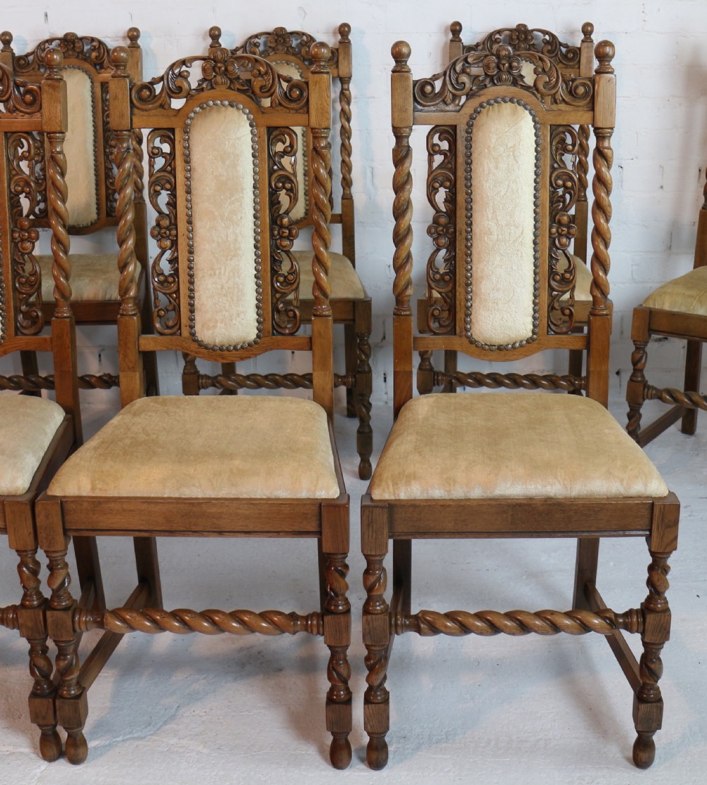 Set of 12 Jacobean Revival Carved Oak Dining Chairs View VII