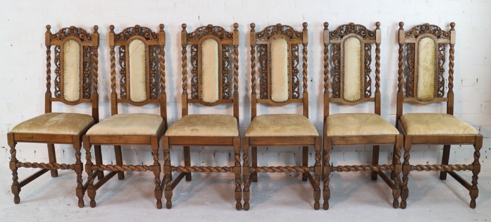 Set of 12 Jacobean Revival Carved Oak Dining Chairs View IX
