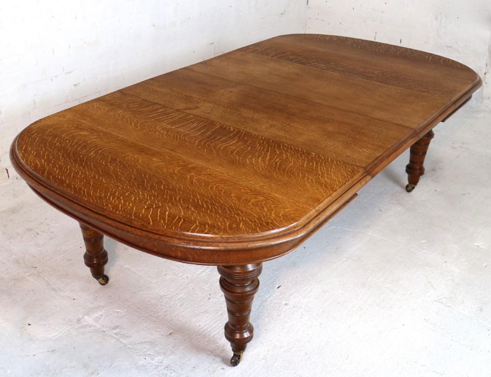 Victorian Oak Extending Dining Table & 2 Leaves by James Morrison, 8ft, seats 10 View II