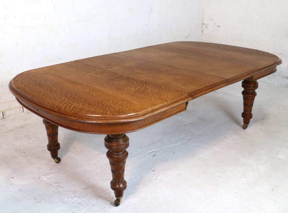 Victorian Oak Extending Dining Table & 2 Leaves by James Morrison, 8ft, seats 10 View III