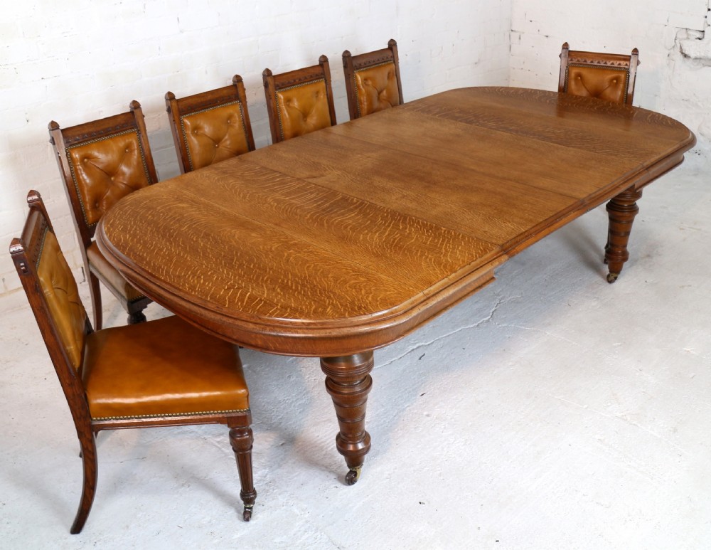 Victorian Oak Extending Dining Table & 2 Leaves by James Morrison, 8ft, seats 10 View V