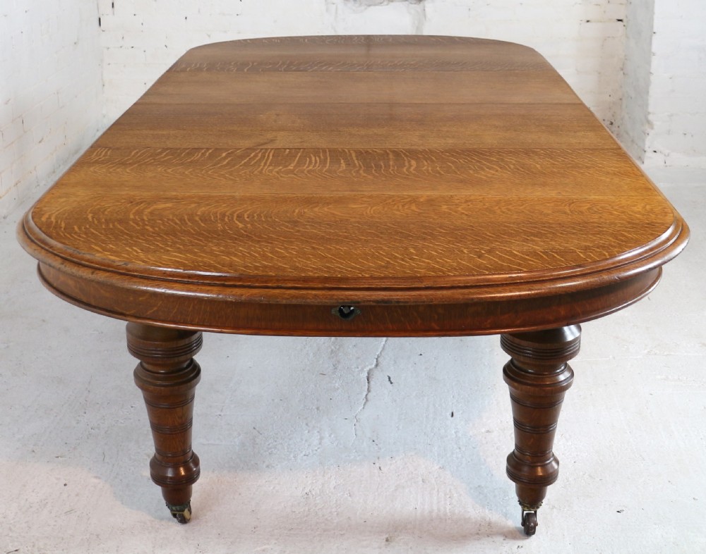 Victorian Oak Extending Dining Table & 2 Leaves by James Morrison, 8ft, seats 10 View VI