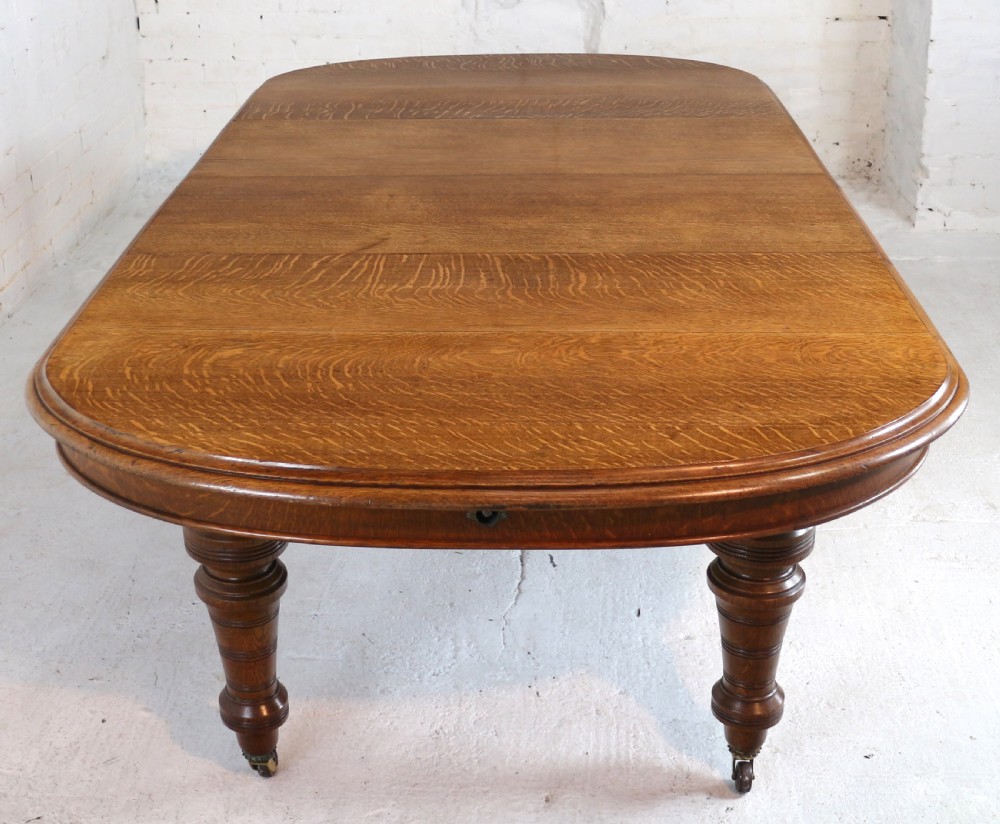 Victorian Oak Extending Dining Table & 2 Leaves by James Morrison, 8ft, seats 10 View VII
