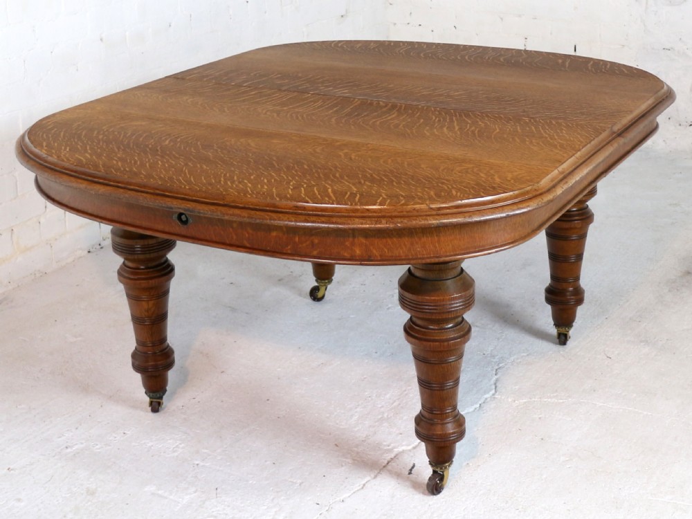 Victorian Oak Extending Dining Table & 2 Leaves by James Morrison, 8ft, seats 10 View XXI