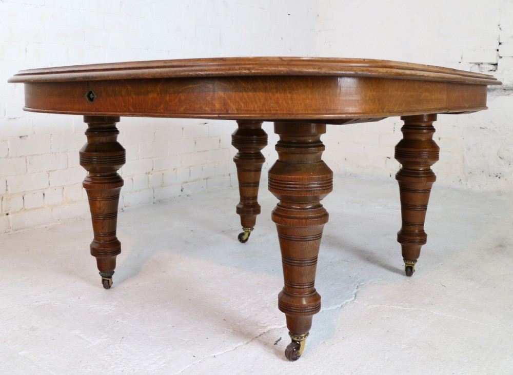 Victorian Oak Extending Dining Table & 2 Leaves by James Morrison, 8ft, seats 10 View XXV
