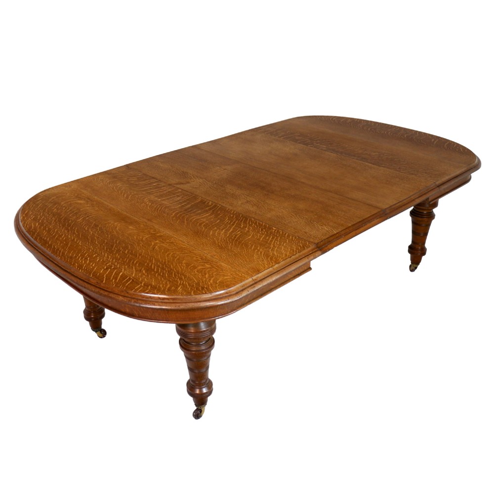 Victorian Oak Extending Dining Table & 2 Leaves by James Morrison, 8ft, seats 10