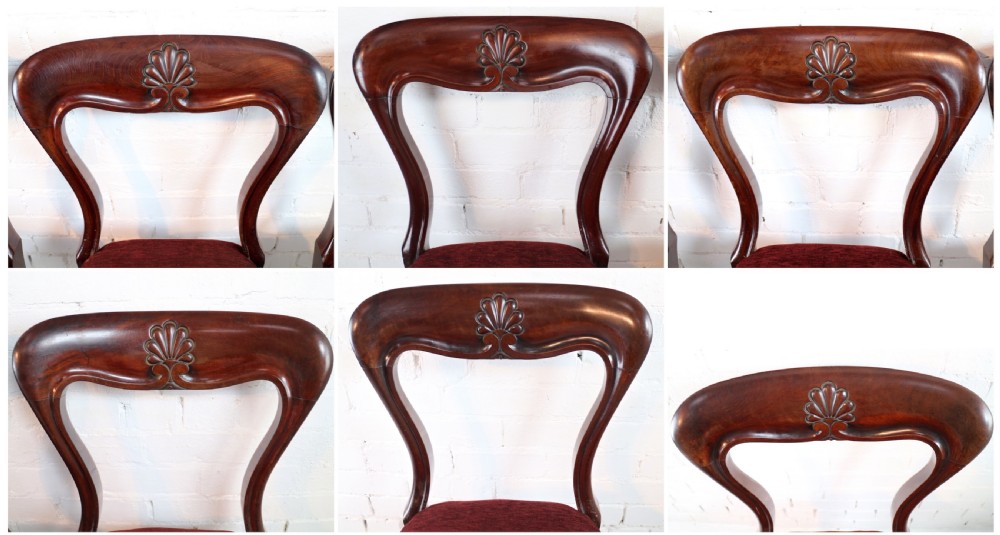 A set of ten William IV mahogany dining chairs with carved top rails, turned front legs, and deep red upholstery. View XXII