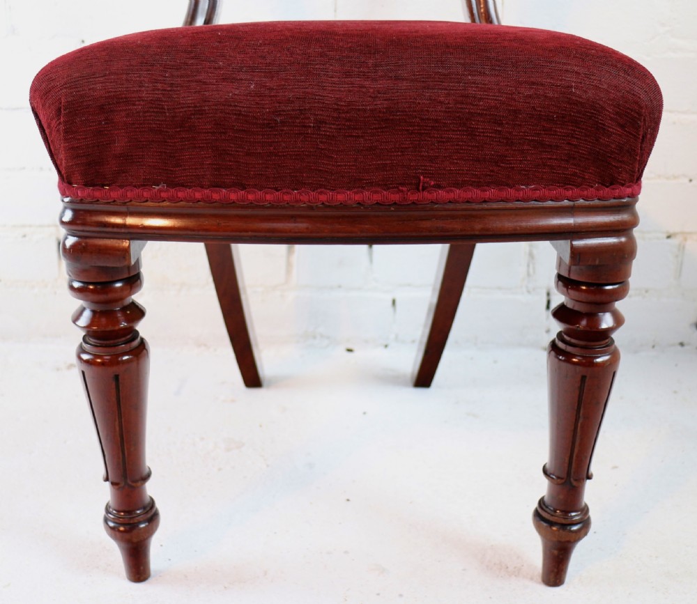 A set of ten William IV mahogany dining chairs with carved top rails, turned front legs, and deep red upholstery. View XXVI