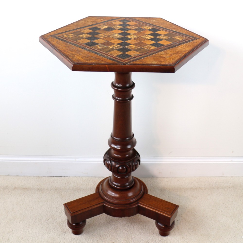 Antique Pollard Oak Inlaid Specimen Chess Top Occasional Games Table View III