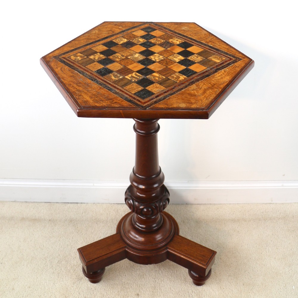 Antique Pollard Oak Inlaid Specimen Chess Top Occasional Games Table View IV