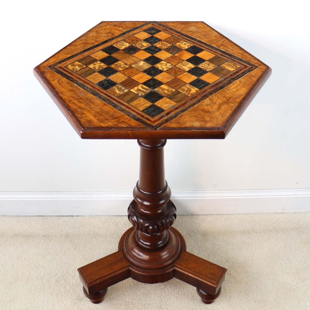 Antique Pollard Oak Inlaid Specimen Chess Top Occasional Games Table View V
