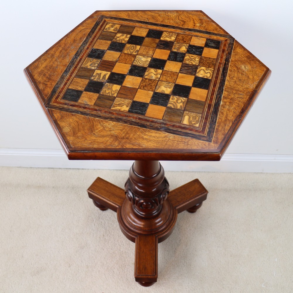 Antique Pollard Oak Inlaid Specimen Chess Top Occasional Games Table View VI