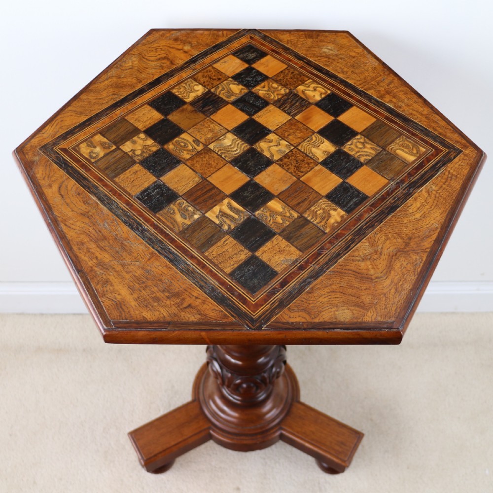 Antique Pollard Oak Inlaid Specimen Chess Top Occasional Games Table View VII