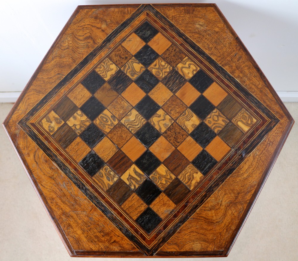 Antique Pollard Oak Inlaid Specimen Chess Top Occasional Games Table View IX