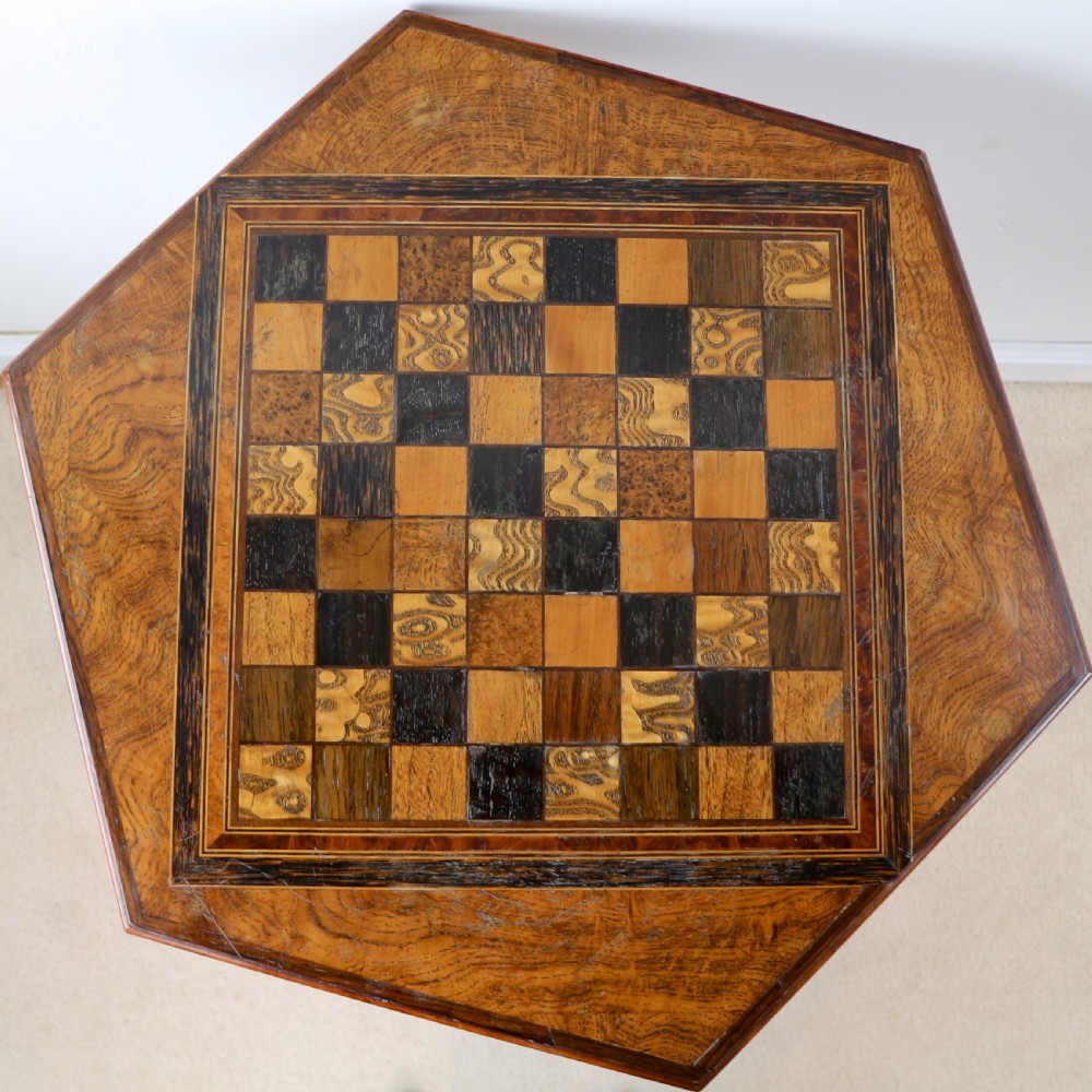 Antique Pollard Oak Inlaid Specimen Chess Top Occasional Games Table View X