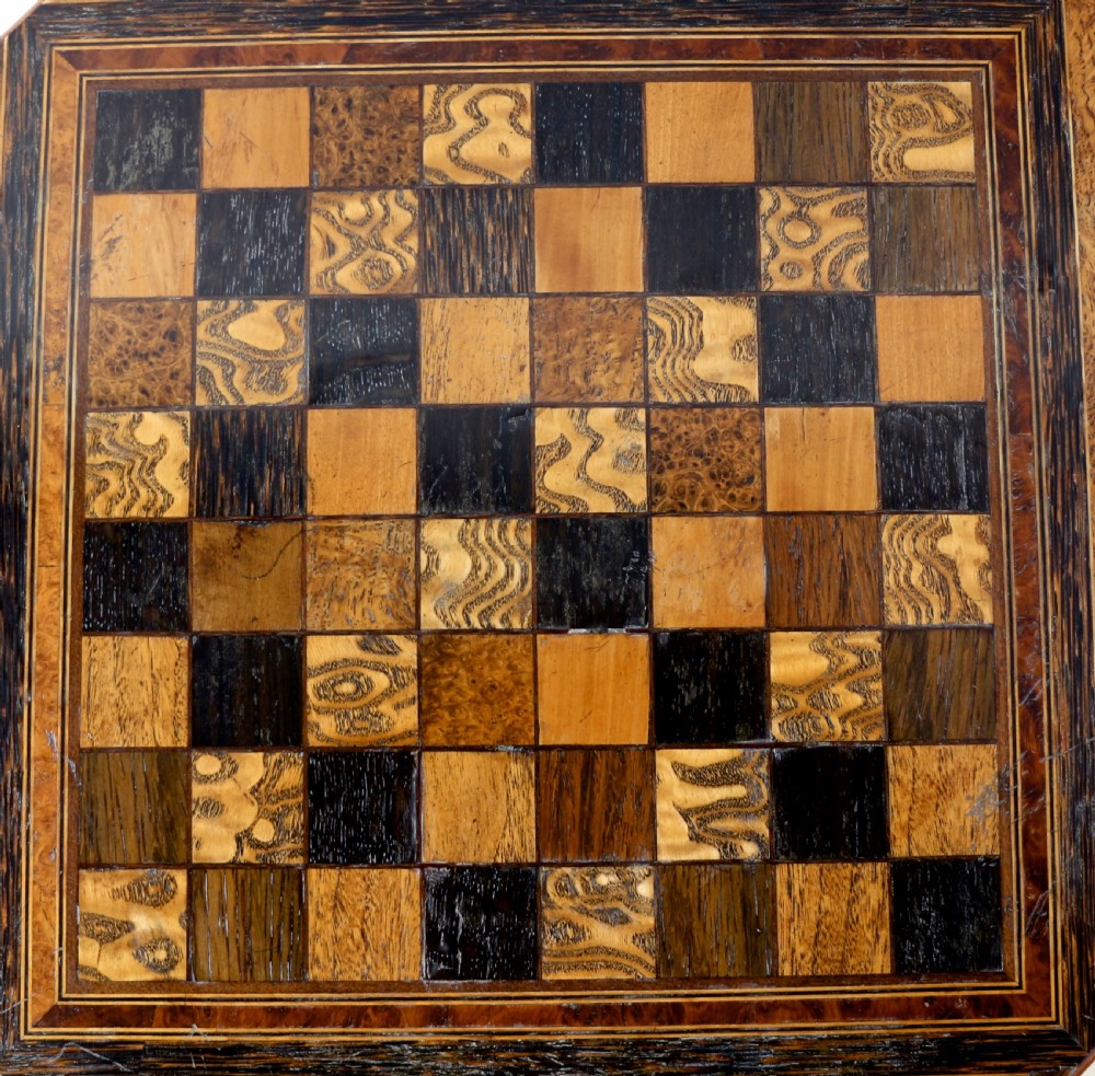 Antique Pollard Oak Inlaid Specimen Chess Top Occasional Games Table View XI