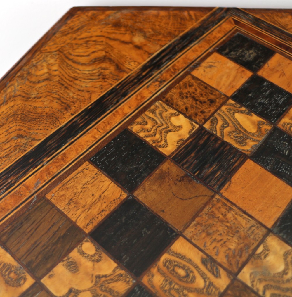 Antique Pollard Oak Inlaid Specimen Chess Top Occasional Games Table View XIII