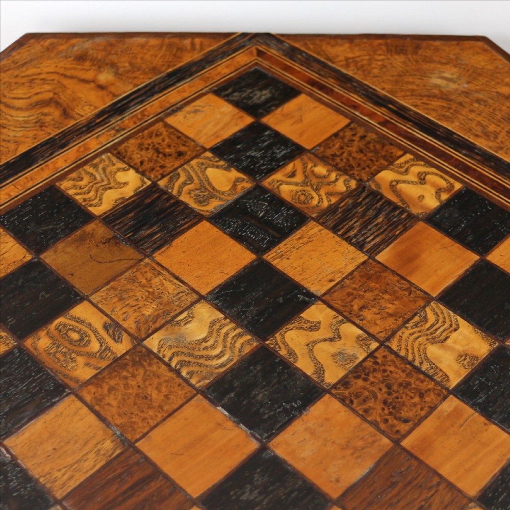 Antique Pollard Oak Inlaid Specimen Chess Top Occasional Games Table View XIV