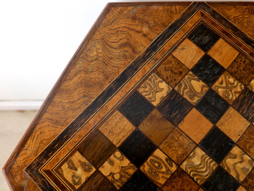 Antique Pollard Oak Inlaid Specimen Chess Top Occasional Games Table View XV