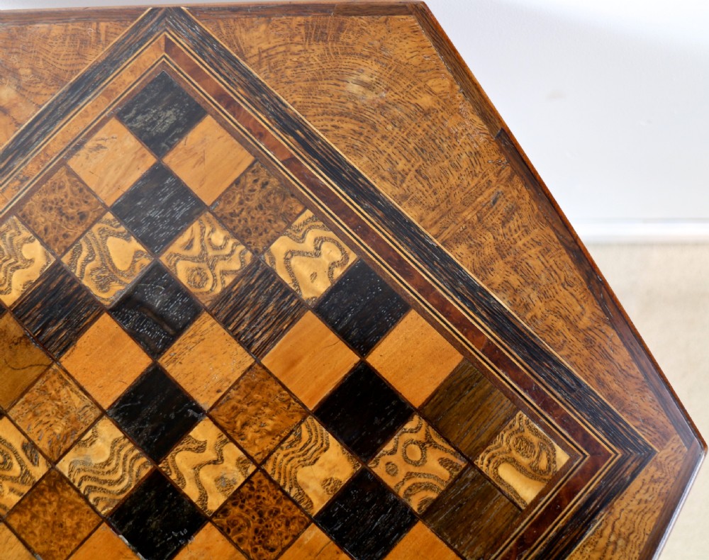 Antique Pollard Oak Inlaid Specimen Chess Top Occasional Games Table View XVI