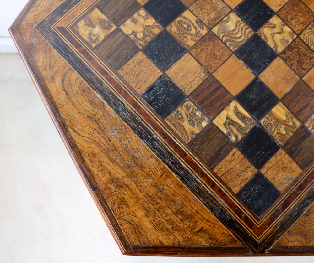 Antique Pollard Oak Inlaid Specimen Chess Top Occasional Games Table View XVII