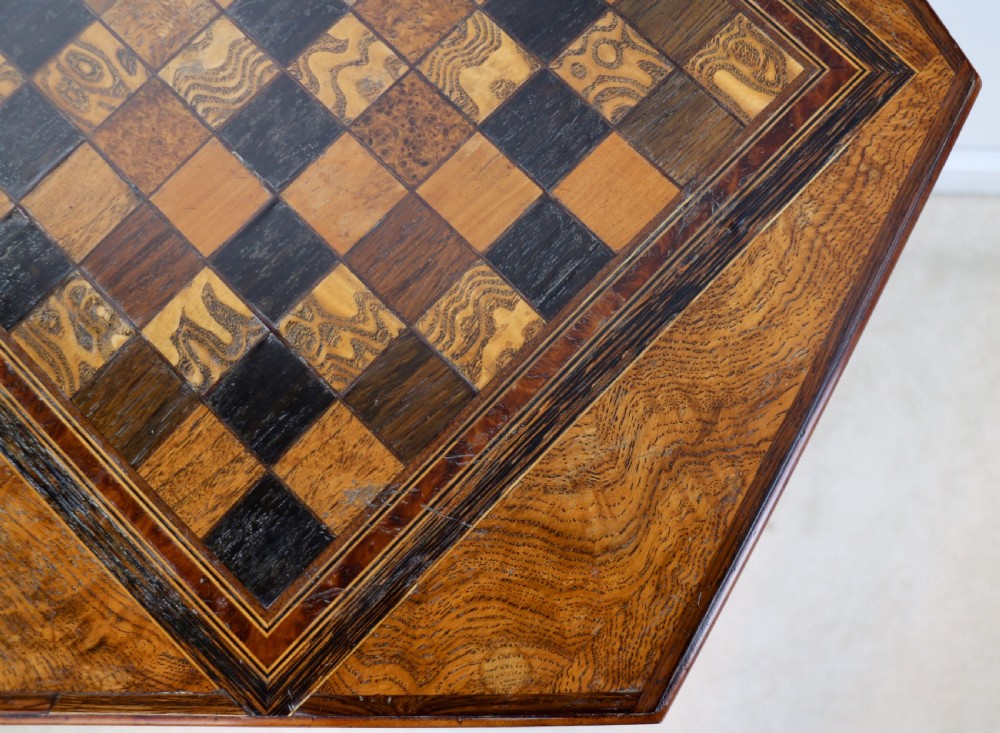 Antique Pollard Oak Inlaid Specimen Chess Top Occasional Games Table View XVIII