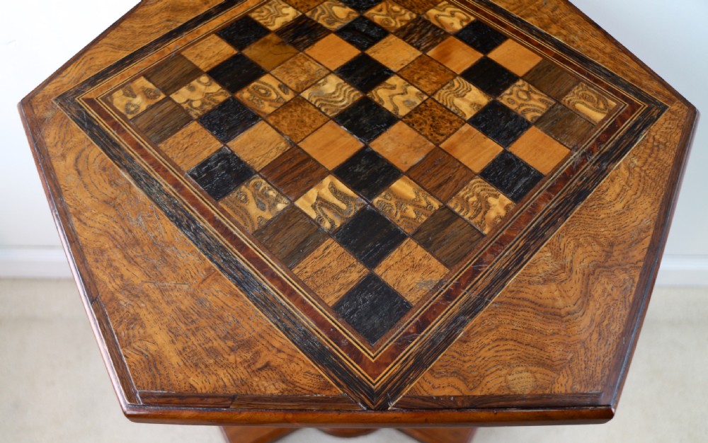 Antique Pollard Oak Inlaid Specimen Chess Top Occasional Games Table View XXIV