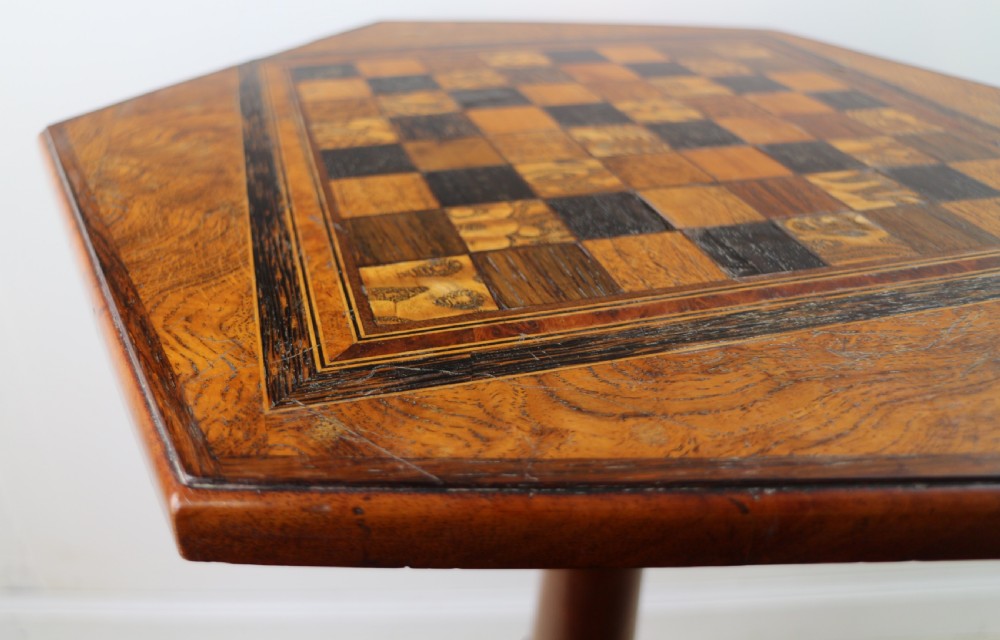 Antique Pollard Oak Inlaid Specimen Chess Top Occasional Games Table View XXVII