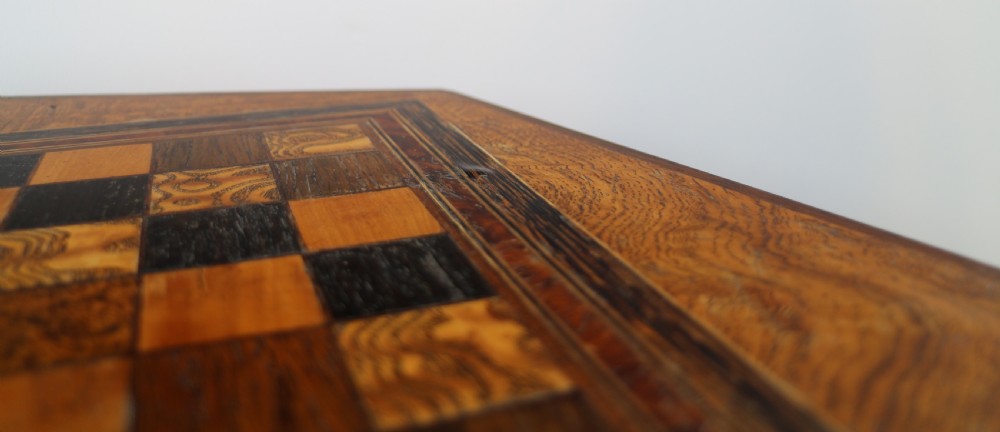 Antique Pollard Oak Inlaid Specimen Chess Top Occasional Games Table View XXVIII