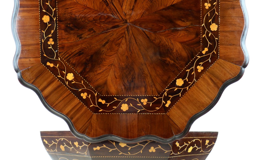 A Victorian Killarney Ware arbutus wood work table with a hinged scalloped top featuring shamrock marquetry on a faceted trumpet pedestal. View VIII
