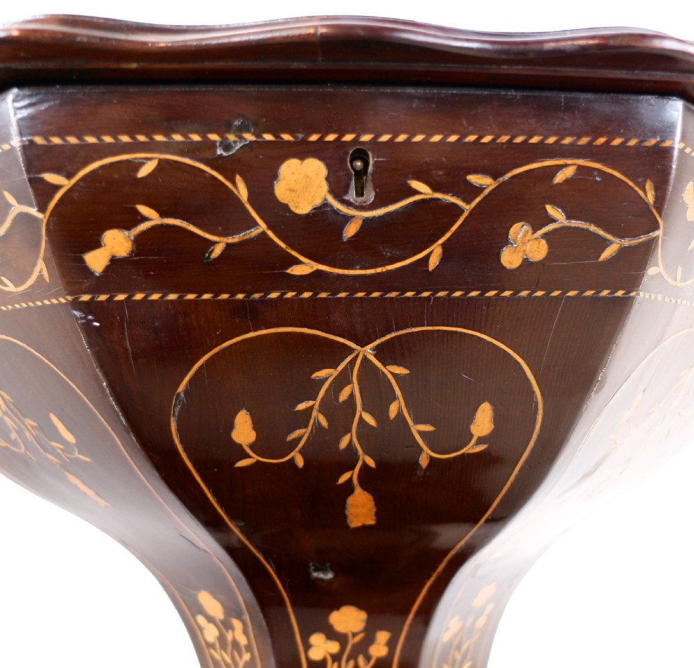 A Victorian Killarney Ware arbutus wood work table with a hinged scalloped top featuring shamrock marquetry on a faceted trumpet pedestal. View XI