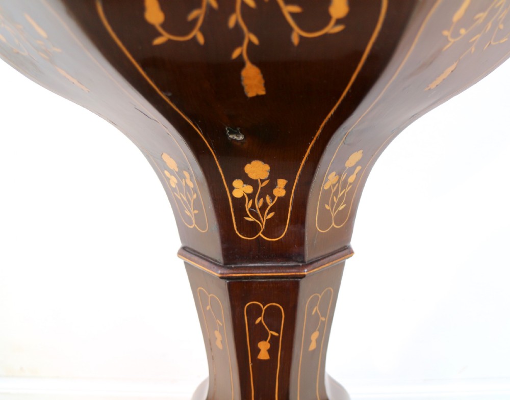 A Victorian Killarney Ware arbutus wood work table with a hinged scalloped top featuring shamrock marquetry on a faceted trumpet pedestal. View XII