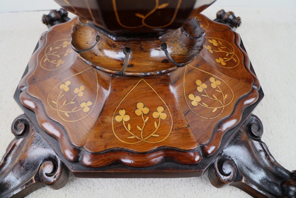 A Victorian Killarney Ware arbutus wood work table with a hinged scalloped top featuring shamrock marquetry on a faceted trumpet pedestal. View XIV